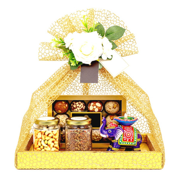 Image of Festive Tray with 9 Assorted Nutty Laddus, 2 Jars – Nankhatais, Peri-Peri Cashews &amp; Seven Seed Mukhwas, with Elephant Diya | Wrapped with Net | Festive Gift UAE