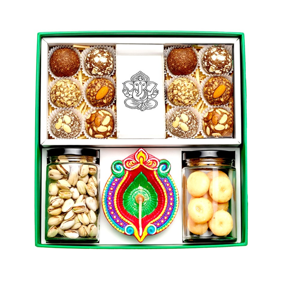 Elephant Festive Gift Box with Assorted Nutty Energy Balls, Date Bites & 2 Jars – Chili Lime Pistachios & Nankhatais with Elephant Diya | Festive Gift UAE