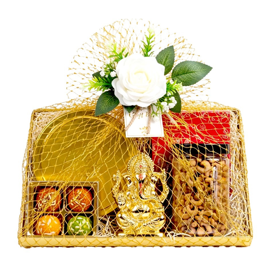 Festive Tray with 600g Royal Khorak/ Pista Barfi / Besan Barfi in Gold Tin Box, 4-Laddu Box, Peri-Peri Cashews Jar & Gold-Plated Ganesha | Wrapped with Net | Festive Gift UAE