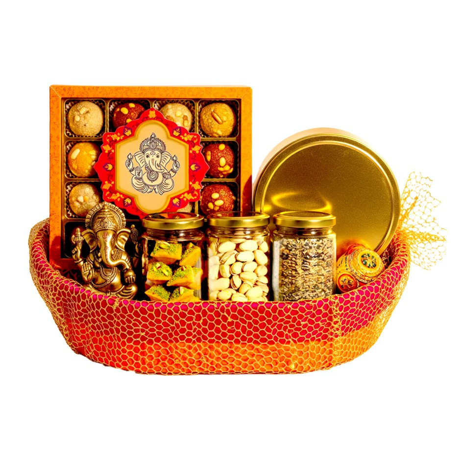 Luxury Festive Gift Basket with Assorted Laddus, Royal Khorak, Premium Sweets, Flavoured Nuts & Gold Plated Ganesha