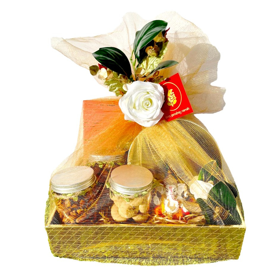 Luxury Gold Tray with Assorted Nutty Laddus, Barfi Sweets, Flavoured Nuts & Gold Ganesha – Premium Festive Gift Hamper