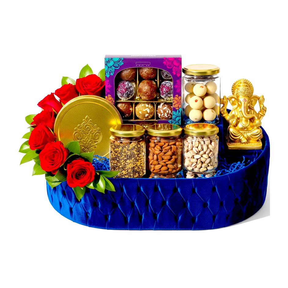 Premium Royal Blue Velvet Basket with Laddus, Barfi, Brownie, Flavoured Nuts & Gold Ganesha – Luxury Festive Gift Hamper