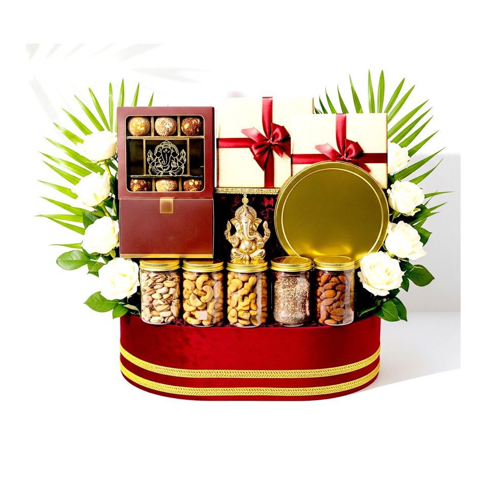 Premium Velvet Basket with 16 Nutty Laddus, Date Bites, Brittles, Royal Khorak, Brownies, Assorted Jars & Gold-Plated Ganesha – Luxury Festive Gift Hamper