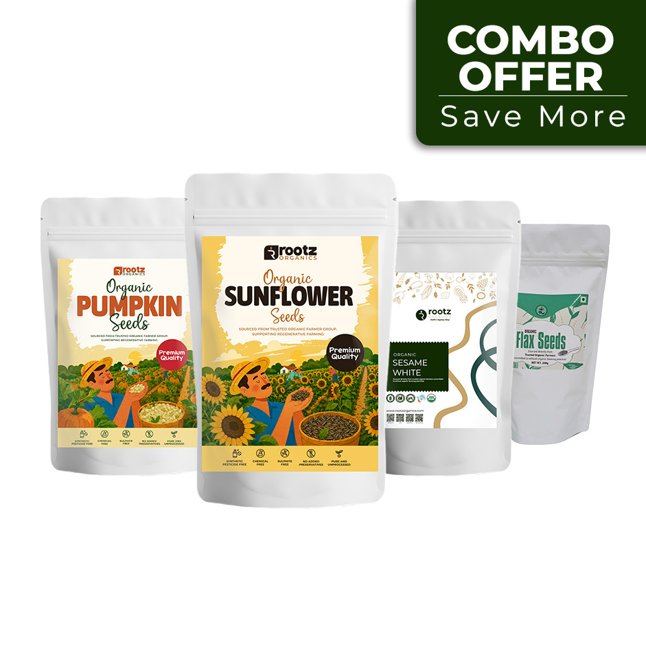 Rootz Organics Seed Cycling Combo Pack – Pumpkin, Sunflower & Sesame Seeds 250g Each + Flax Seeds 100g