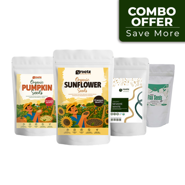 Image of Rootz Organics Seed Cycling Combo Pack – Pumpkin, Sunflower &amp; Sesame Seeds 250g Each + Flax Seeds 100g