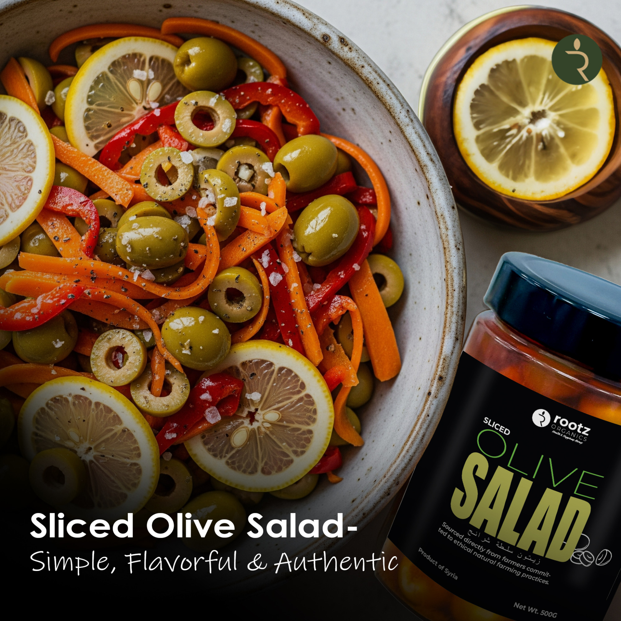 Mediterranean Sliced Olive Salad – 500g | With Lemon, Carrot & Red Pepper | Cold-Pressed Oil