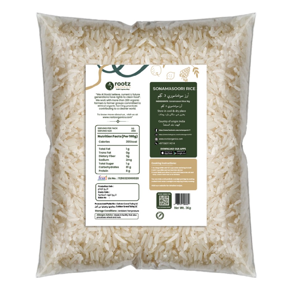 Organic White Rice Sonamasoori 3kg Bulk
