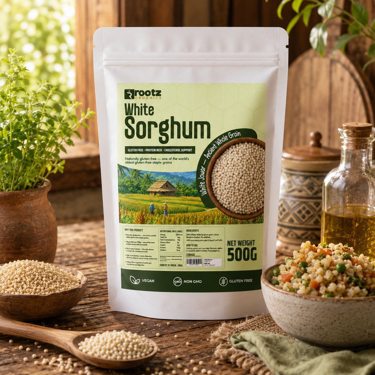 White Sorghum (Jowar) — 500g | Gluten-Free Ancient Grain | 10g Protein | Plant Sterols | Rootz Organics UAE