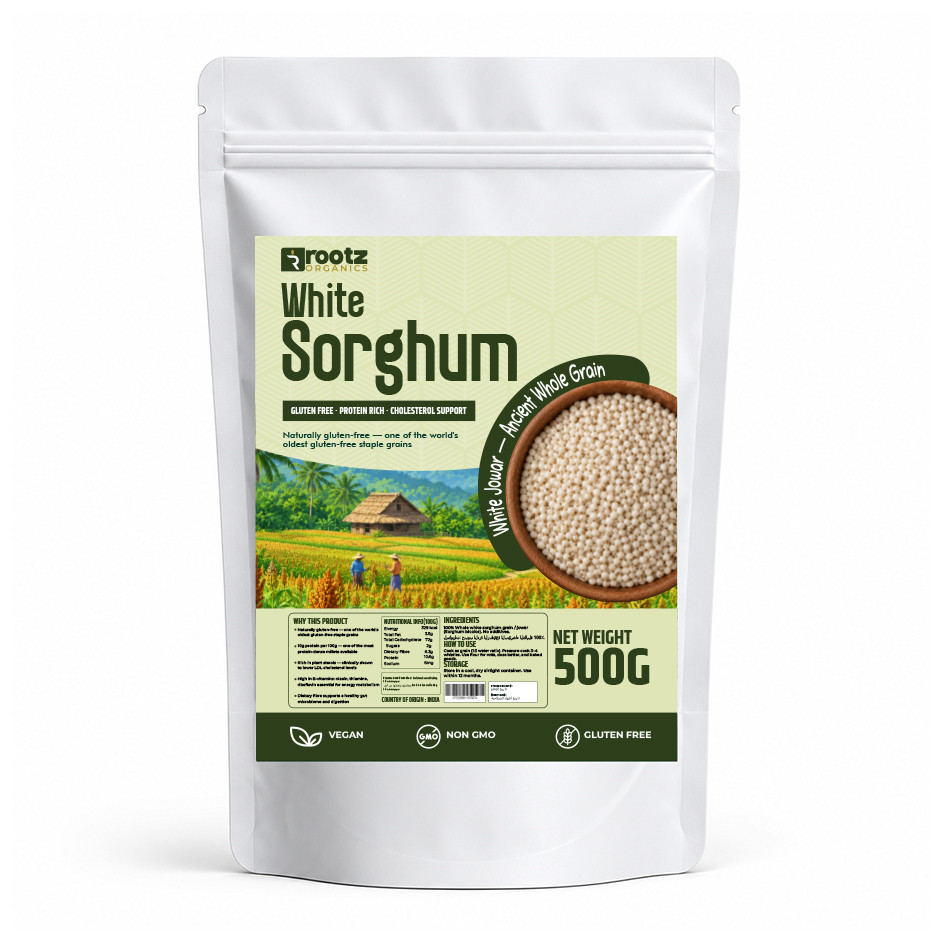White Sorghum (Jowar) — 500g | Gluten-Free Ancient Grain | 10g Protein | Plant Sterols | Rootz Organics UAE
