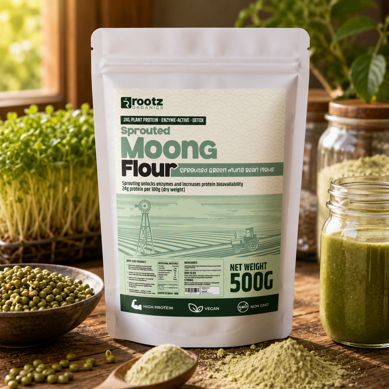 Sprouted Moong Flour — 500g | 24g Plant Protein | Enzyme-Active | Easy to Digest | Rootz Organics UAE