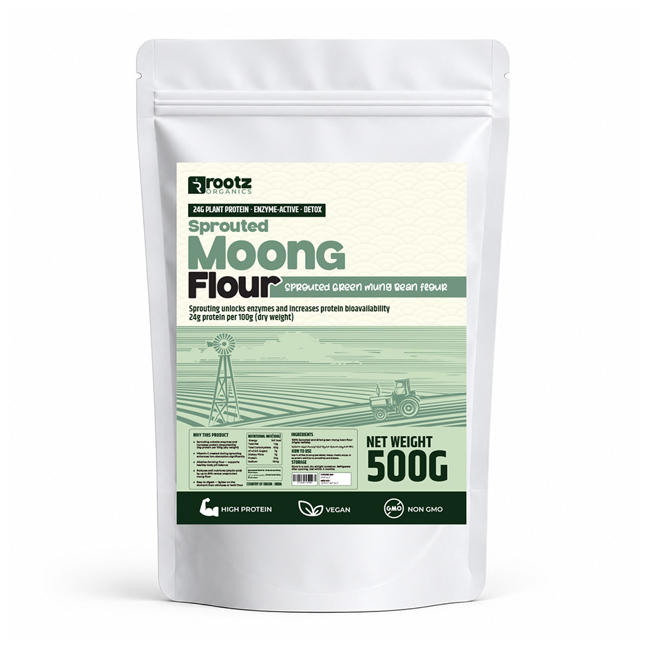 Sprouted Moong Flour — 500g | 24g Plant Protein | Enzyme-Active | Easy to Digest | Rootz Organics UAE