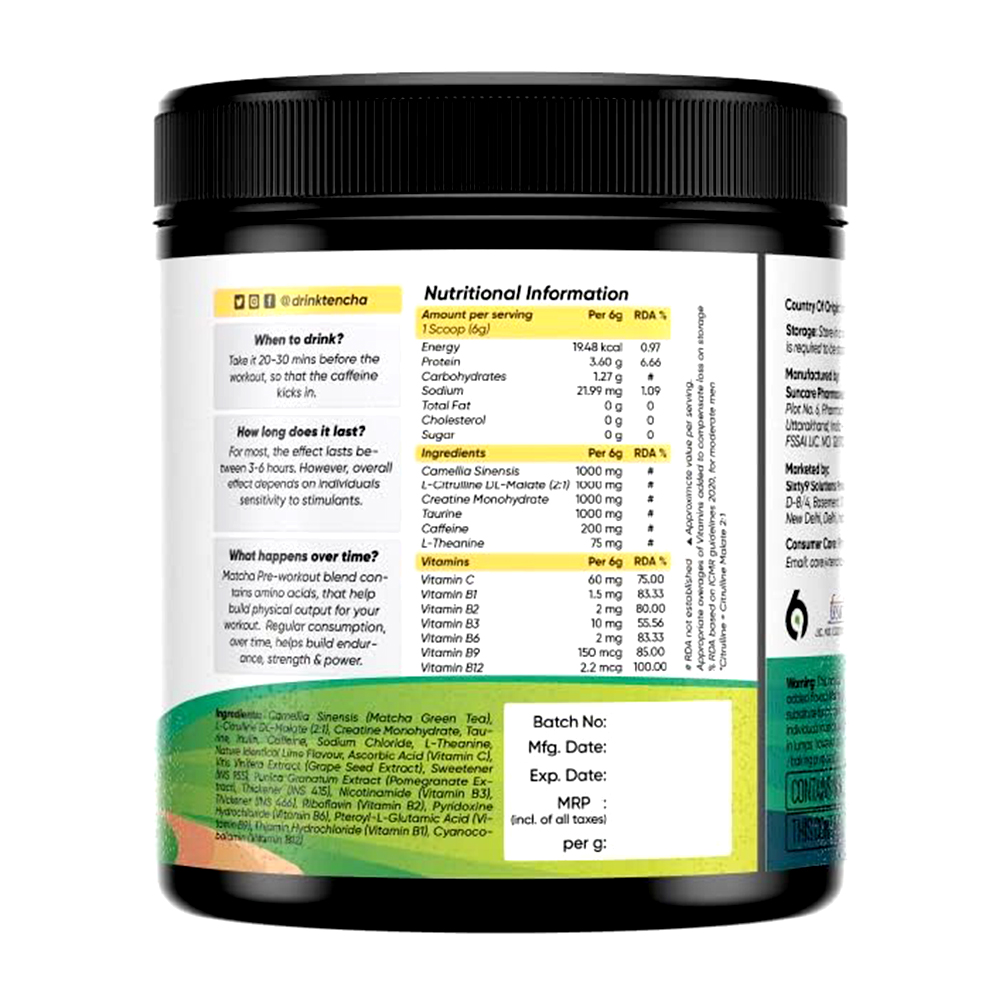 Tencha Matcha Pre-Workout Dietary Supplements For Adult, 180g