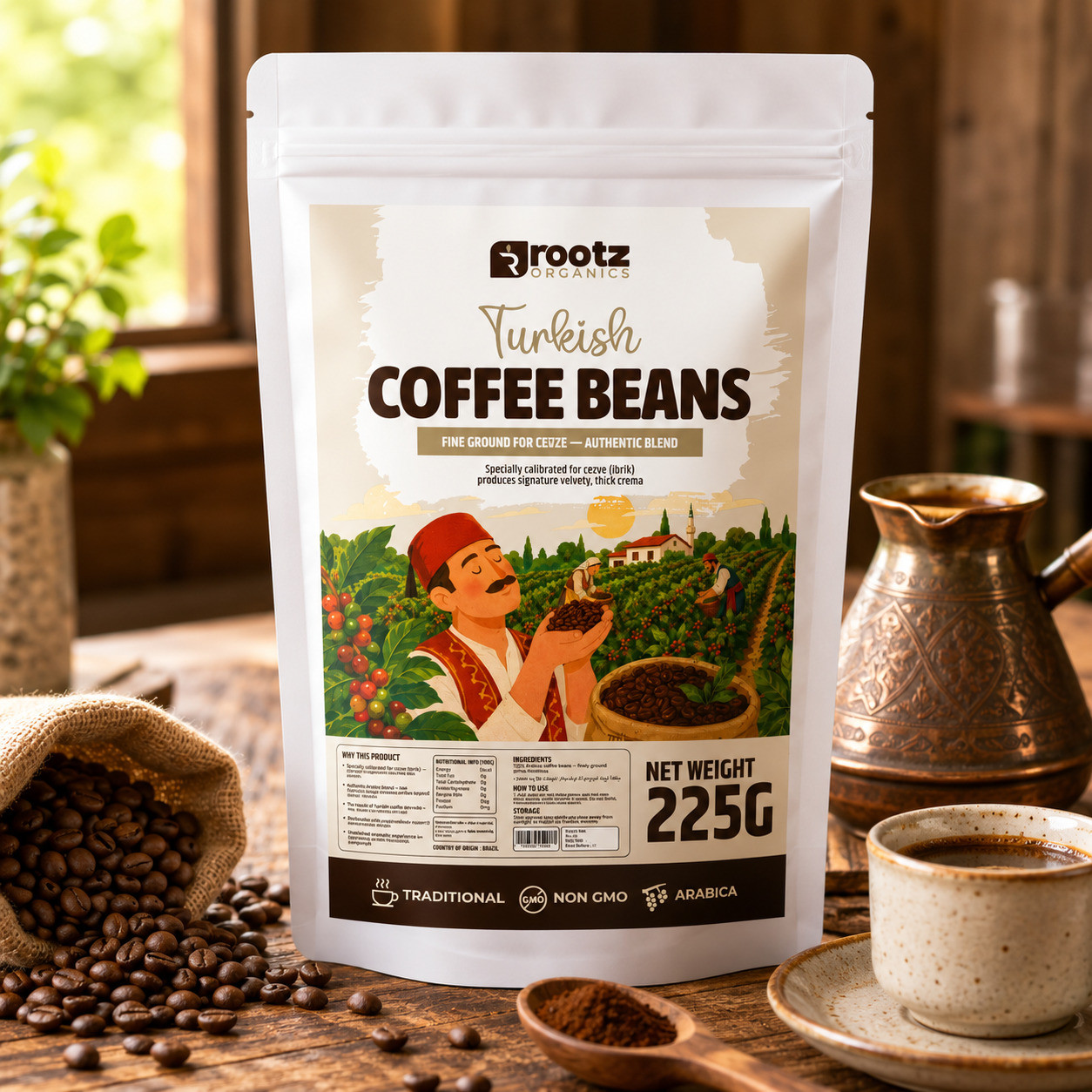 Turkish Coffee Bean — Fine Ground for Cezve · 225g | Authentic Arabica Blend | Velvety Crema | Rootz Organics UAE