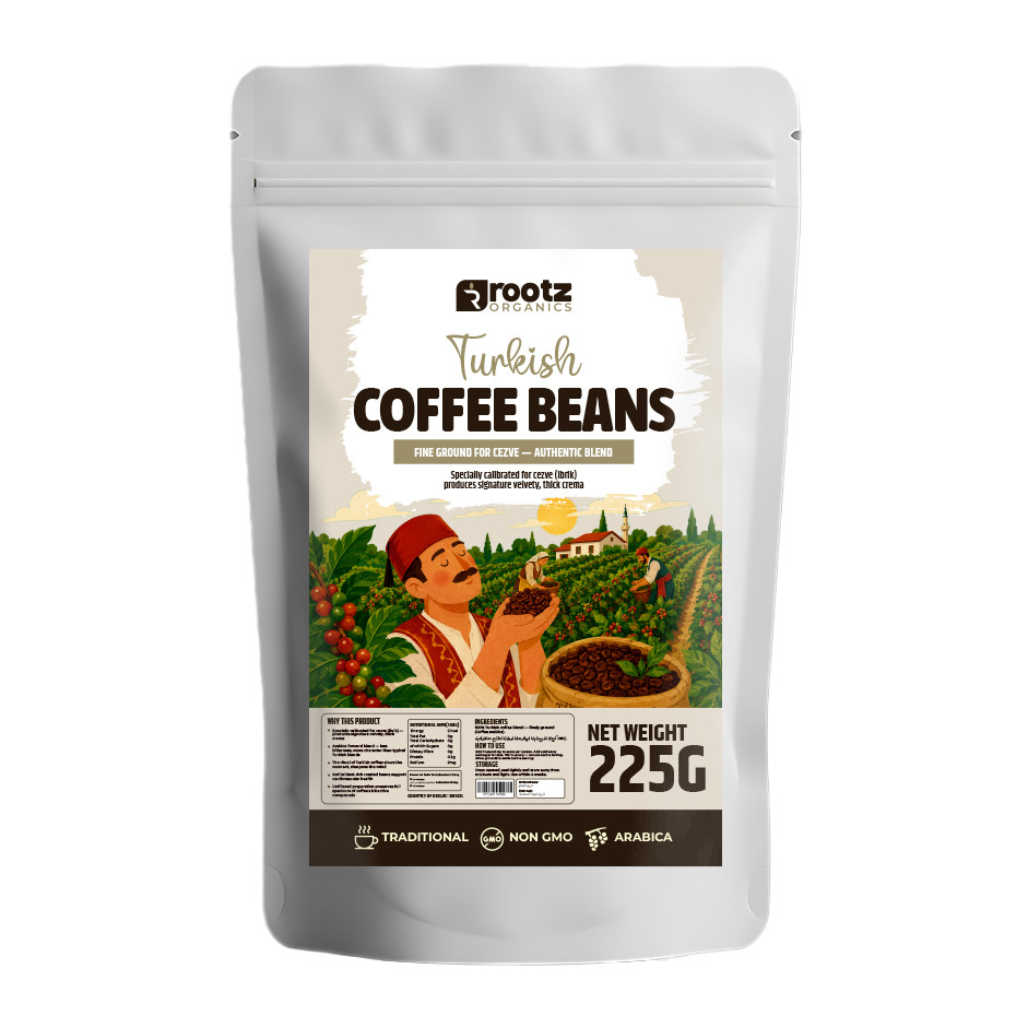 Turkish Coffee Bean — Fine Ground for Cezve · 225g | Authentic Arabica Blend | Velvety Crema | Rootz Organics UAE