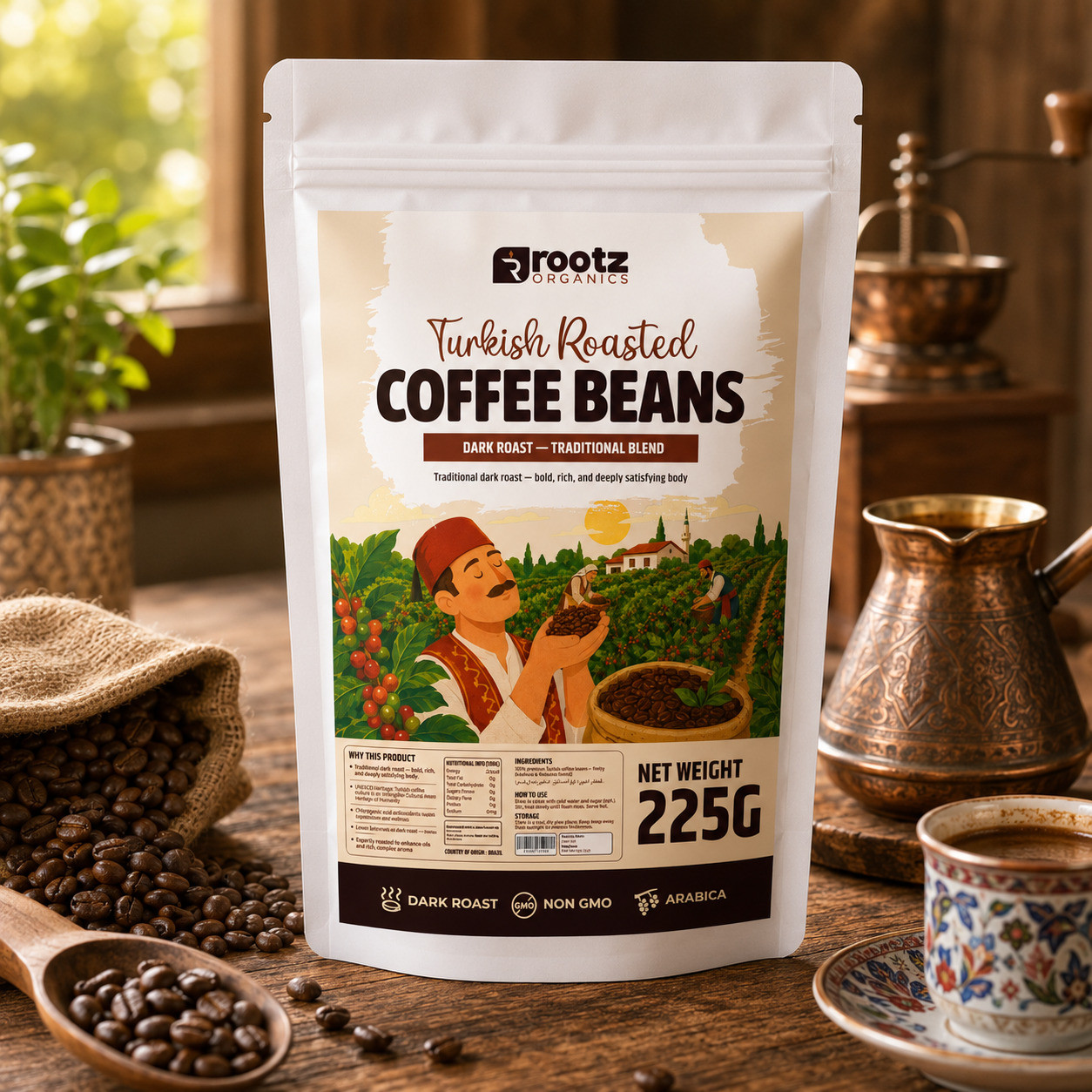 Turkish Roasted Coffee Bean — Dark Roast · 225g | Cezve-Ground | UNESCO Heritage | Rootz Naturals UAE
