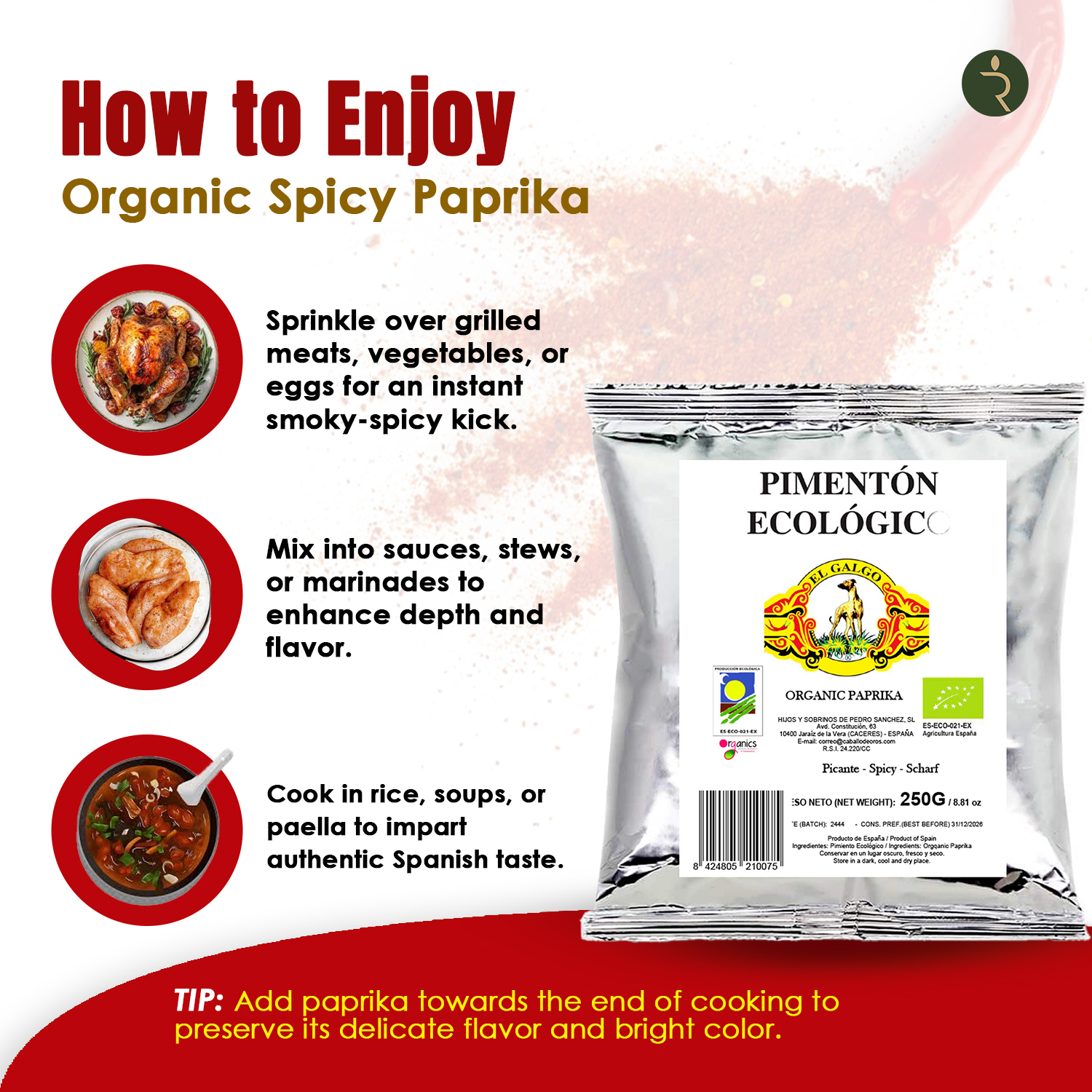 El Galgo Organic Smoked Paprika 250g – Premium Spanish Spice-Refill pouch