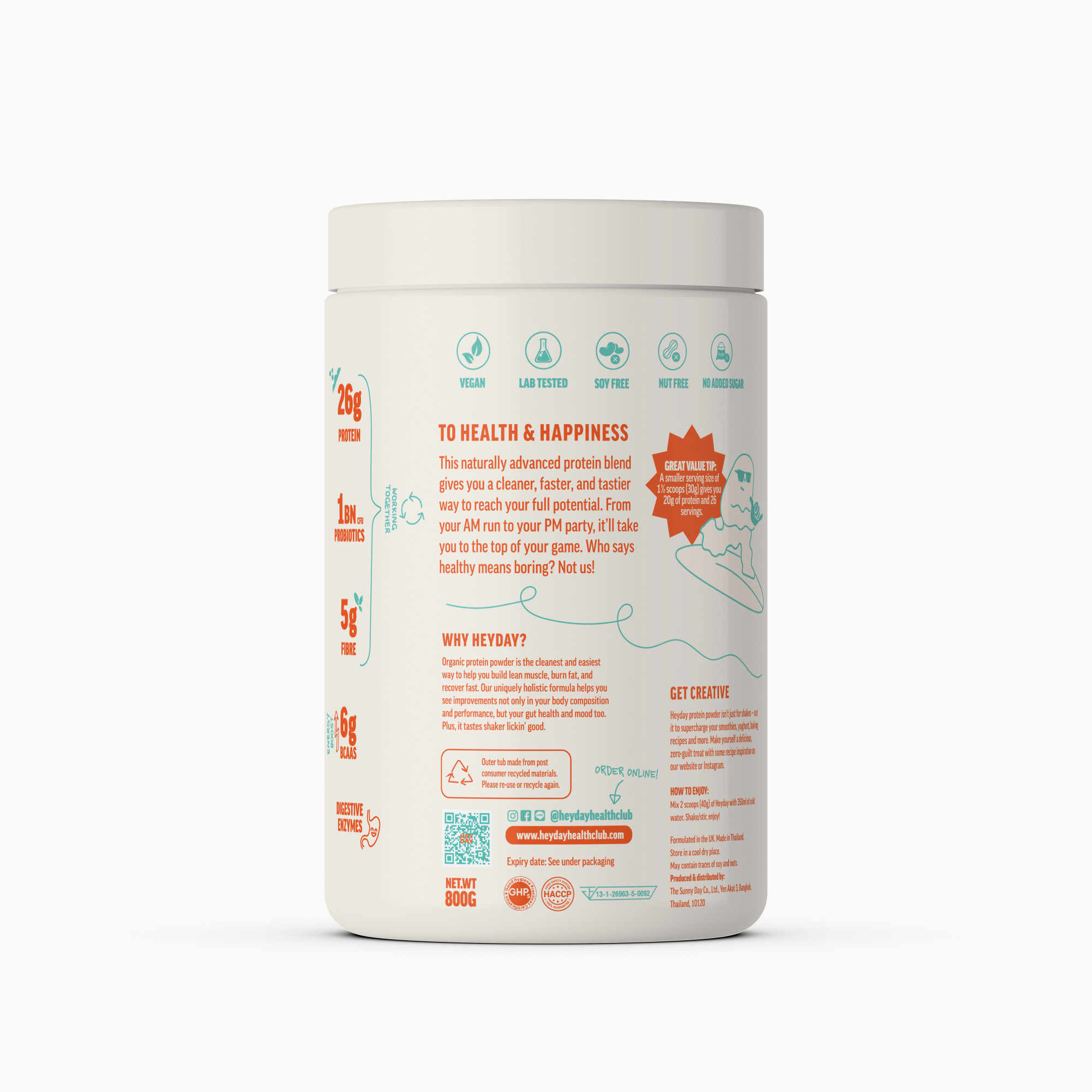 Heyday Shake My Day Natural Plant-Based Organic Protein Powder (800g) | Vanilla Flavour