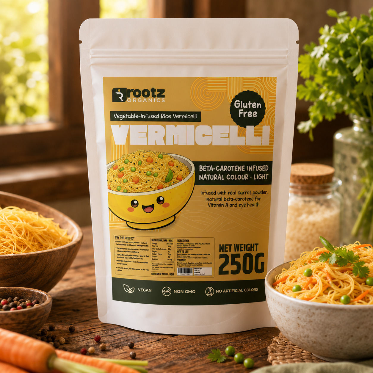 Carrot Vermicelli — Vegetable-Infused Rice Vermicelli · 250g | Beta-Carotene | Natural Colour | Kid-Friendly | Rootz Naturals UAE