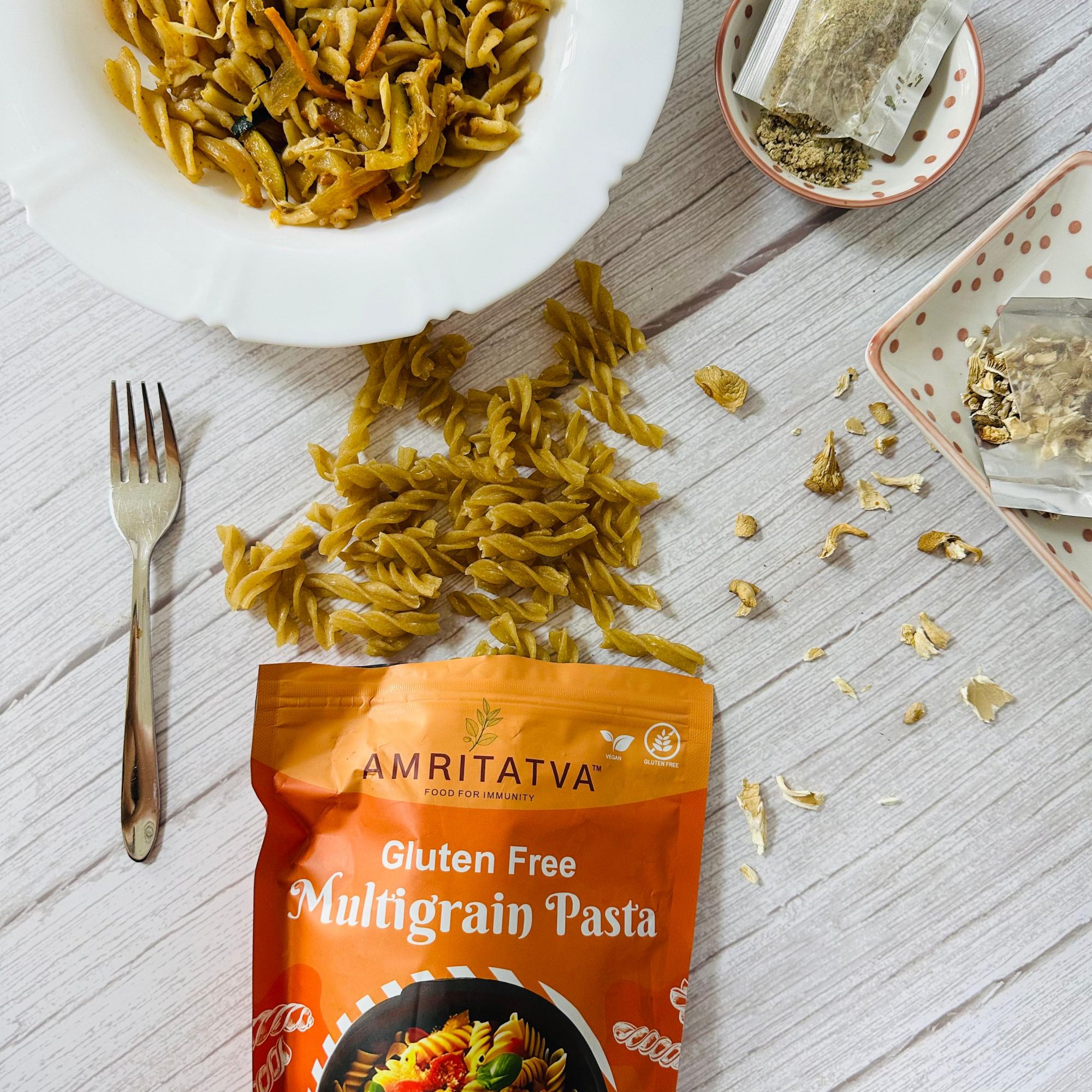 Amritatva Gluten-Free Multigrain Pasta with Spicy Seasoning and Oyster Mushroom Chunks 200gm by Rootz Organics