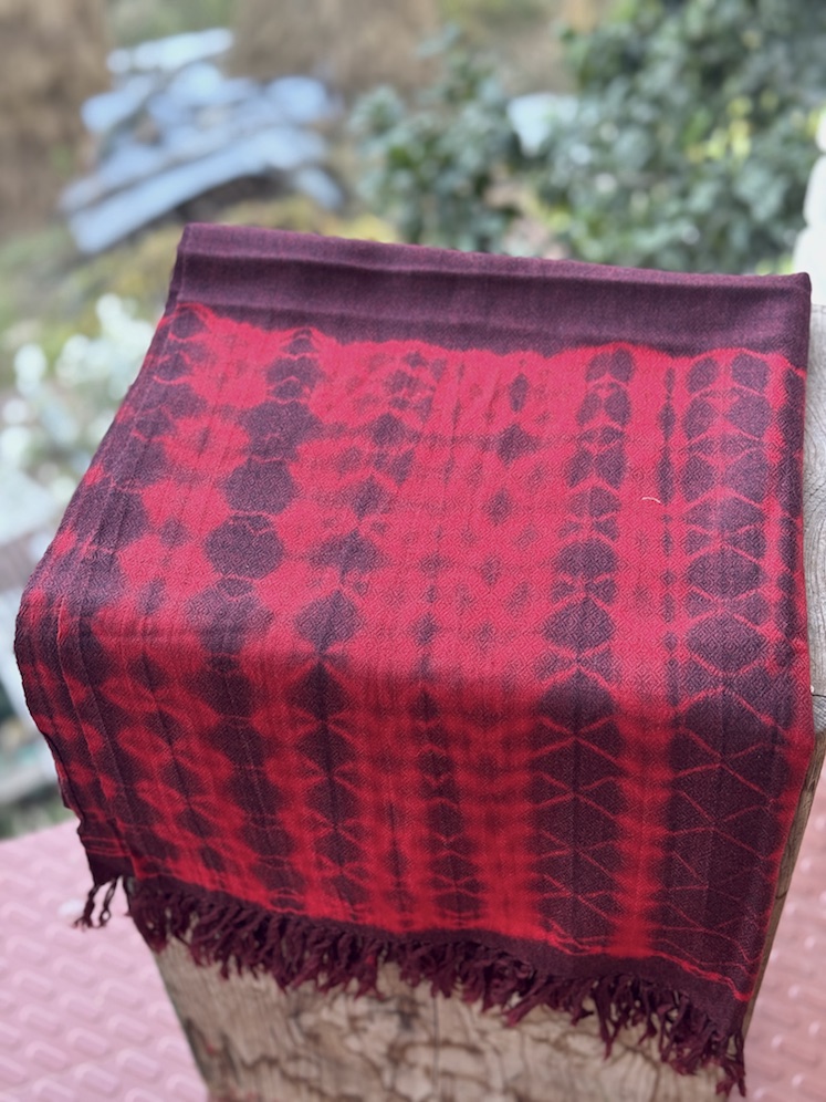 Maroon red shibori dyed pure wool stole