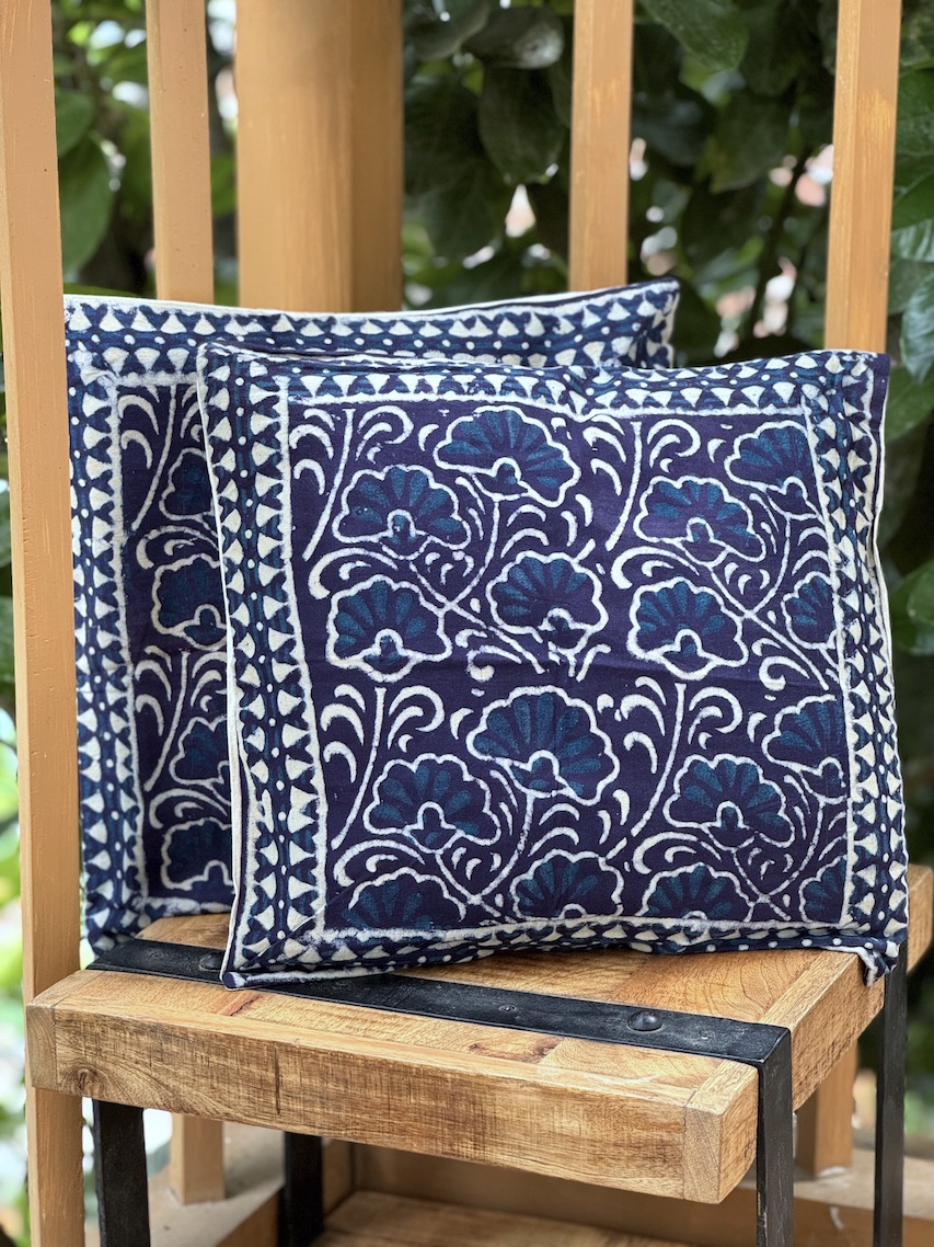 Indigo block printed cushion covers - set of 2