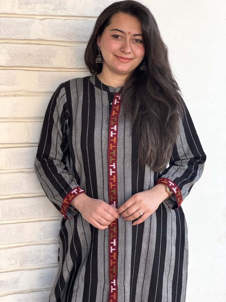 Image of Black grey stripe Himachali kurta