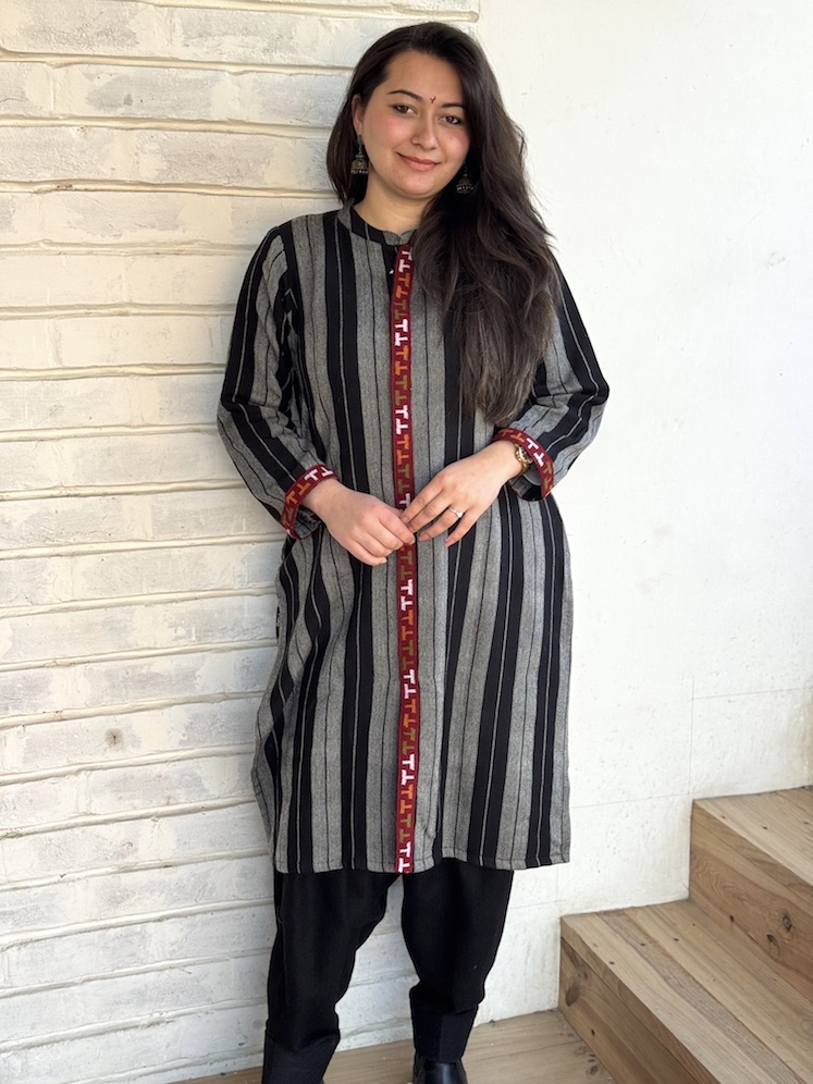 Black grey stripe Himachali kurta