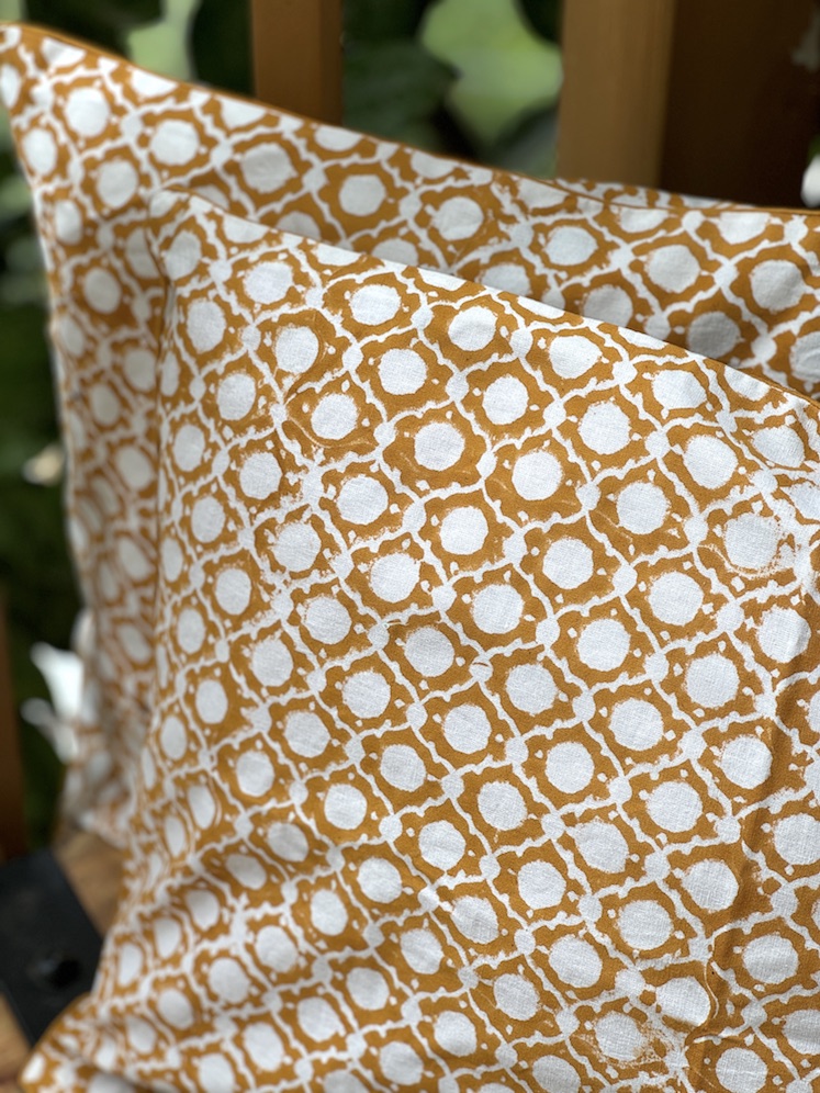 Dabu mustard block printed cushion covers - set of 2