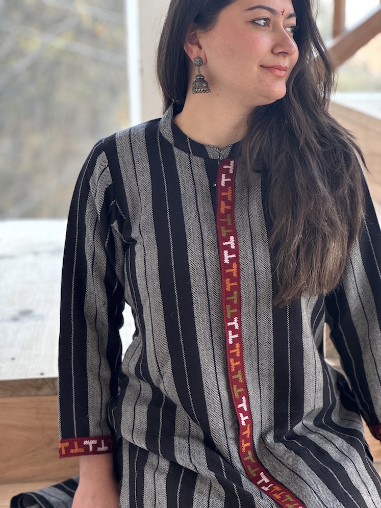 Black grey stripe Himachali kurta