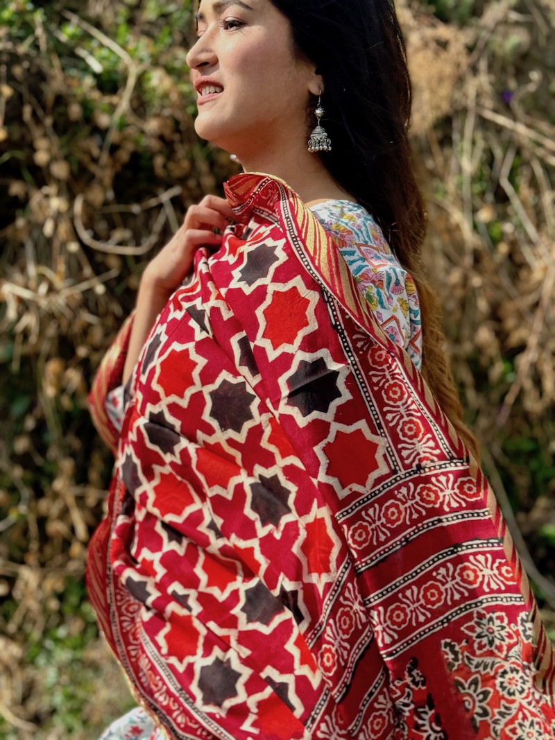 Red maroon ajrakh modal silk dupatta