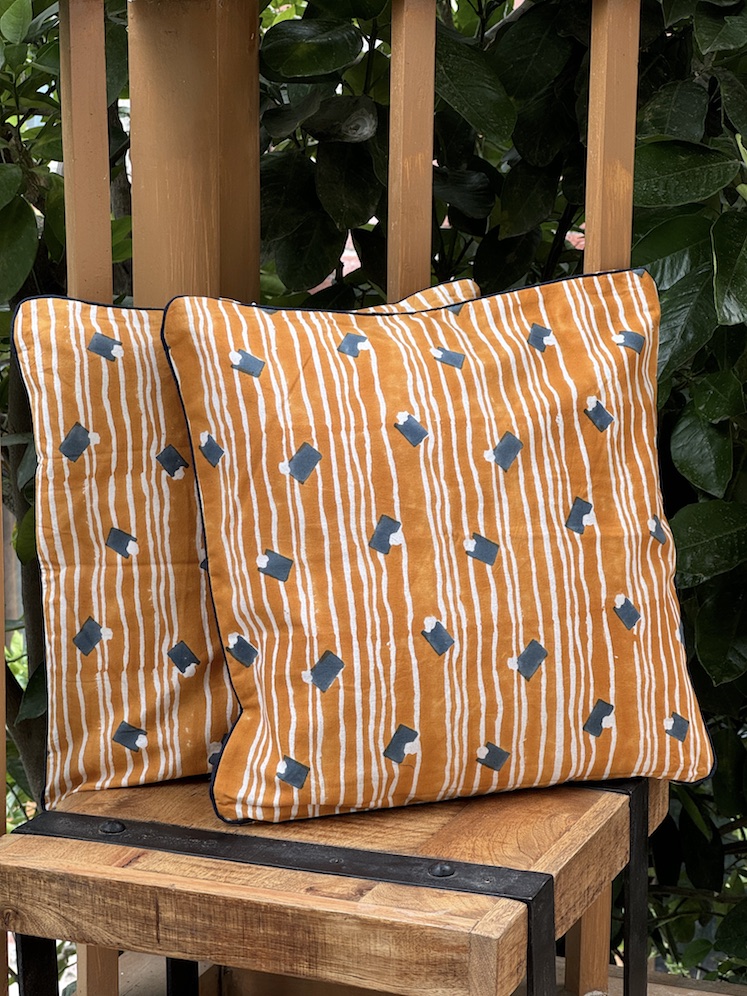 Mustard block printed cushion covers - set of 2