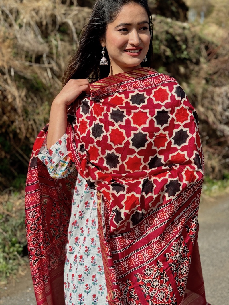 Red maroon ajrakh modal silk dupatta