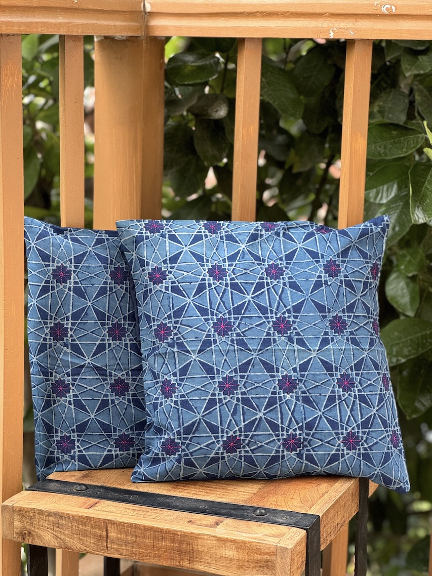 Indigo hand embroidered block printed cushion covers - set of 2