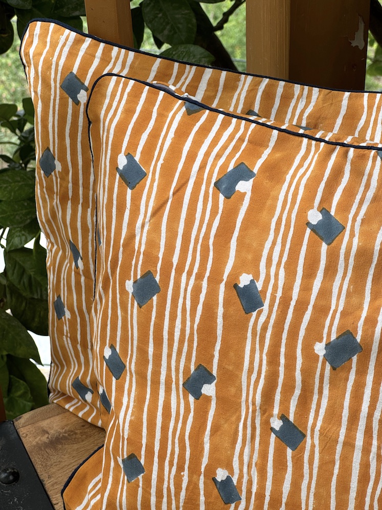Mustard block printed cushion covers - set of 2