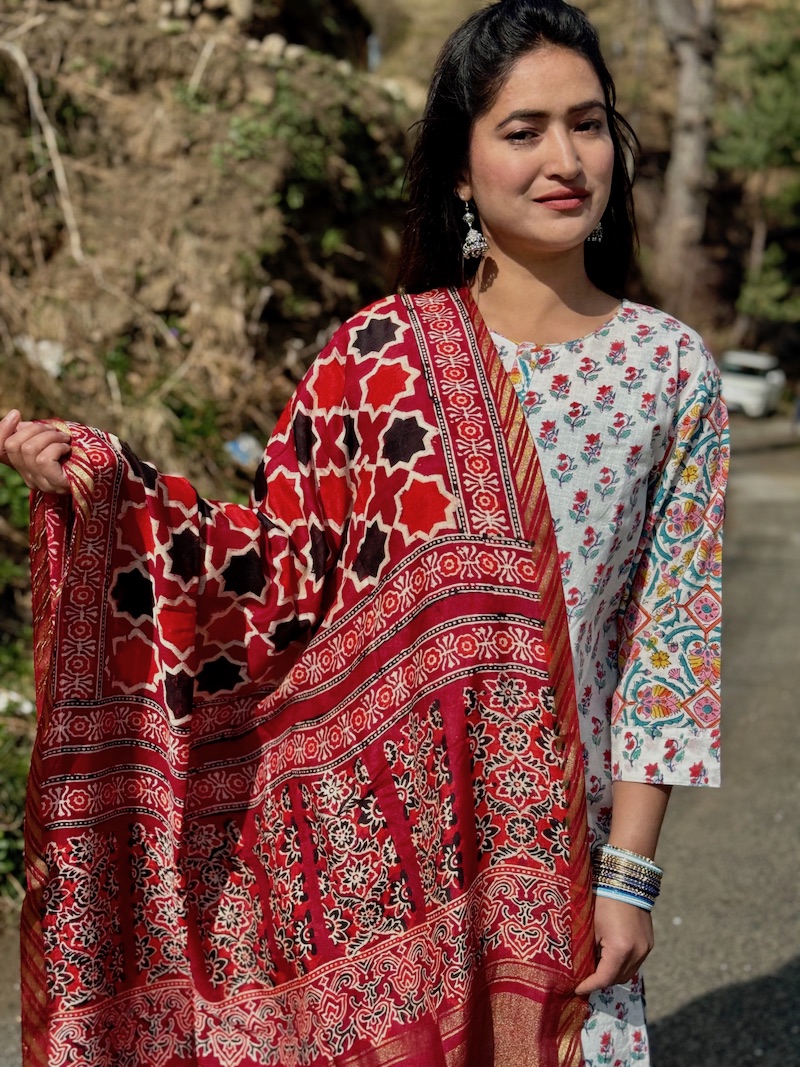 Red maroon ajrakh modal silk dupatta
