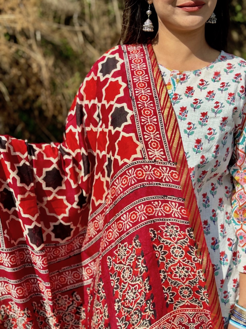 Red maroon ajrakh modal silk dupatta