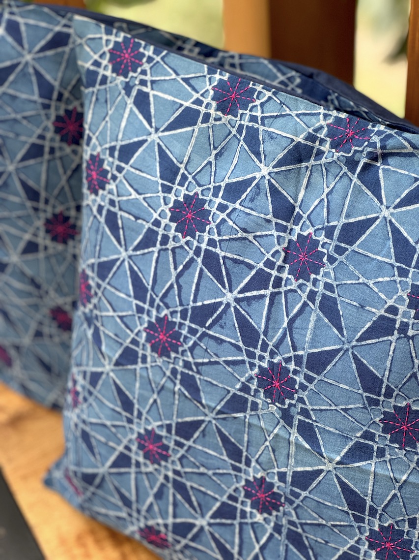 Indigo hand embroidered block printed cushion covers - set of 2