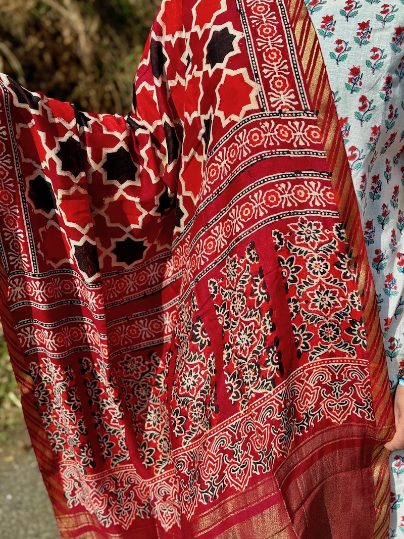 Red maroon ajrakh modal silk dupatta