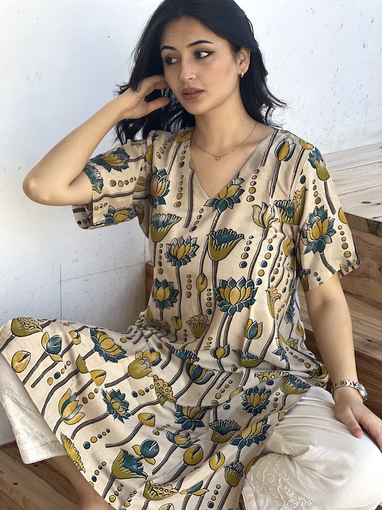 Beige lotus modal relaxed fit kurta