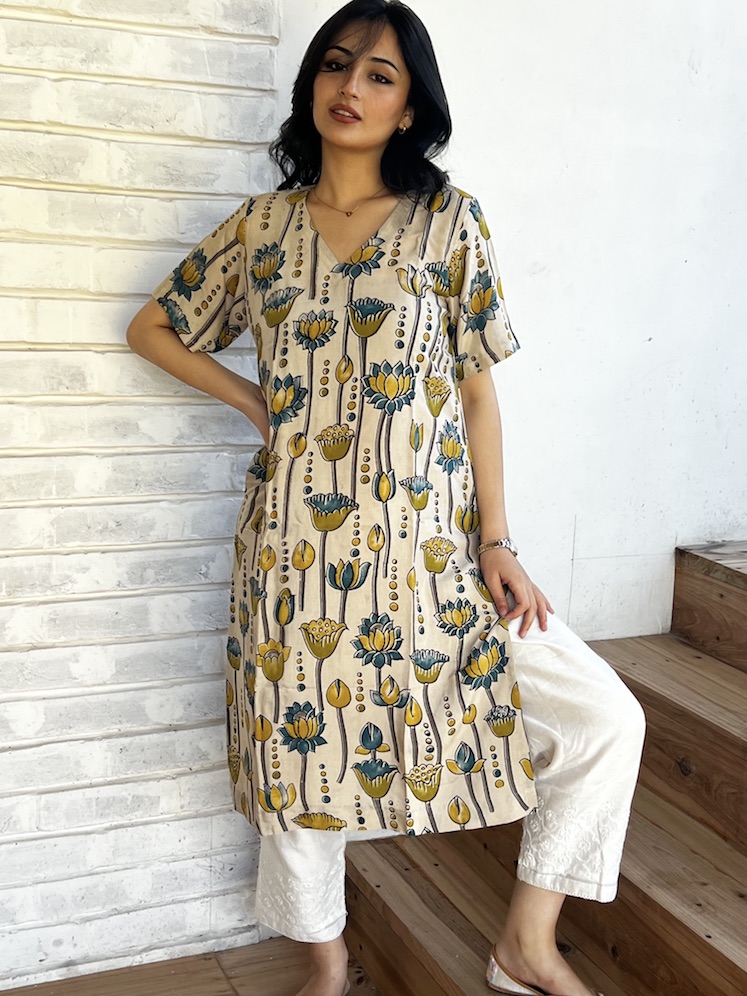 Beige lotus modal relaxed fit kurta