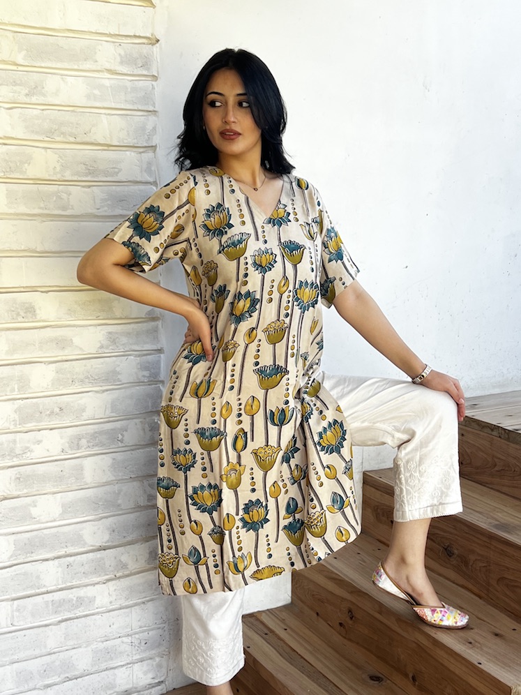 Beige lotus modal relaxed fit kurta