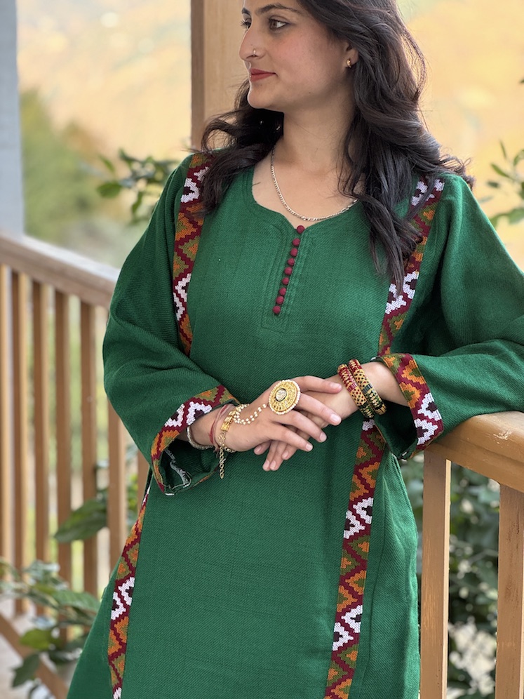 Green pure wool Himachali pheran - we will reach out for measurements