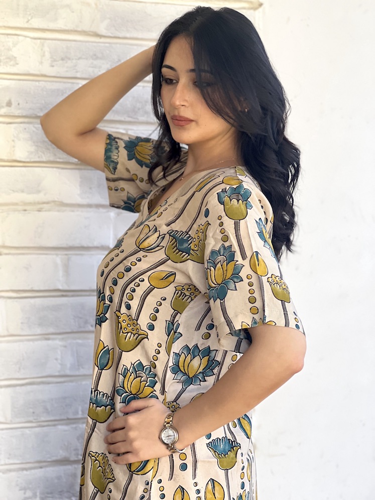 Beige lotus modal relaxed fit kurta