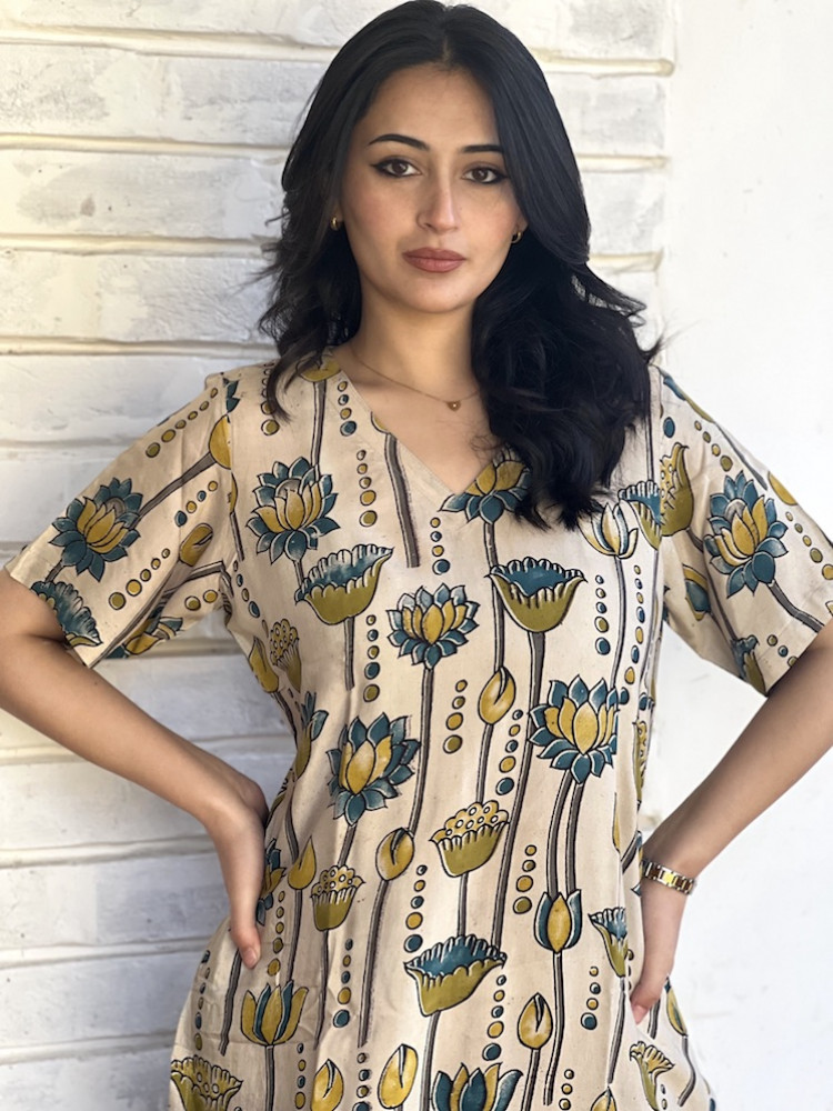 Image of Beige lotus modal relaxed fit kurta