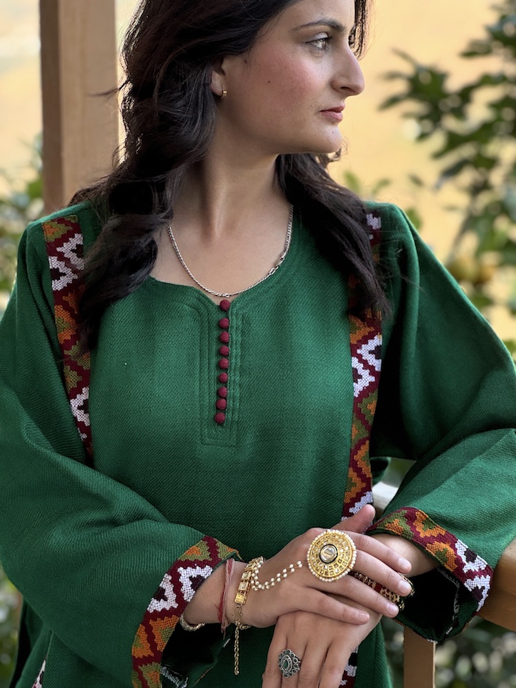 Green pure wool Himachali pheran - we will reach out for measurements