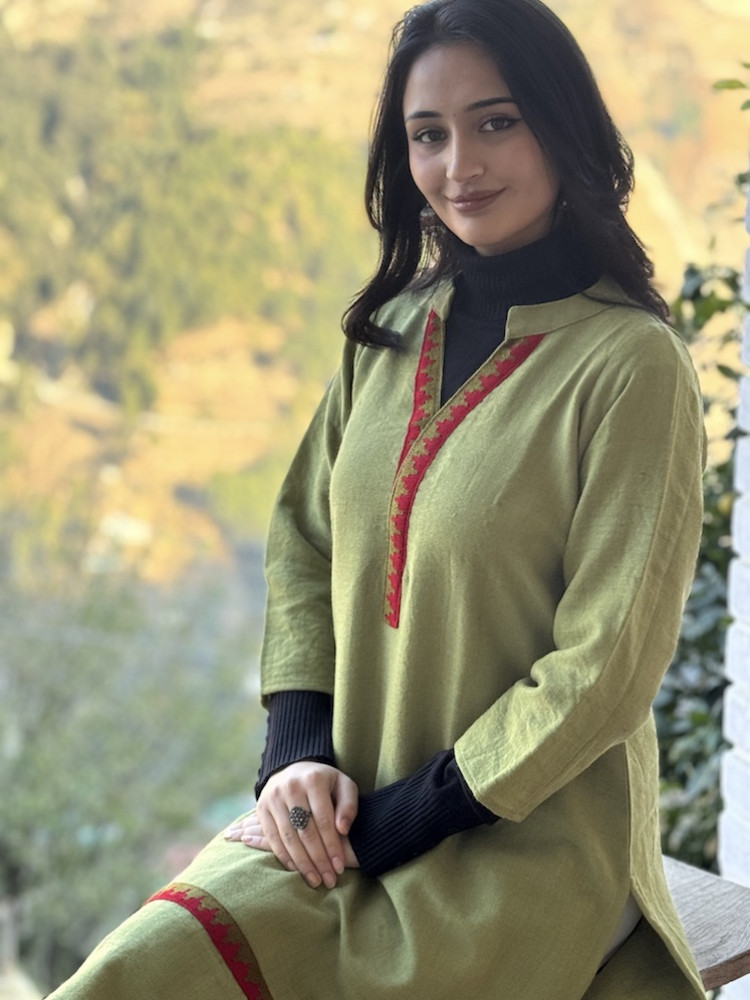 Image of Pista green pure wool Himachali kurta