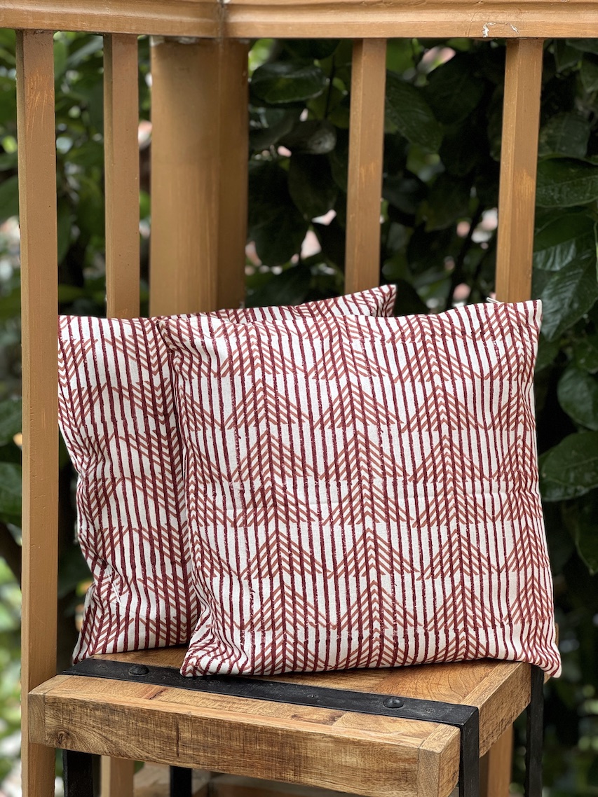 Ivory geometric block printed cushion covers - set of 2
