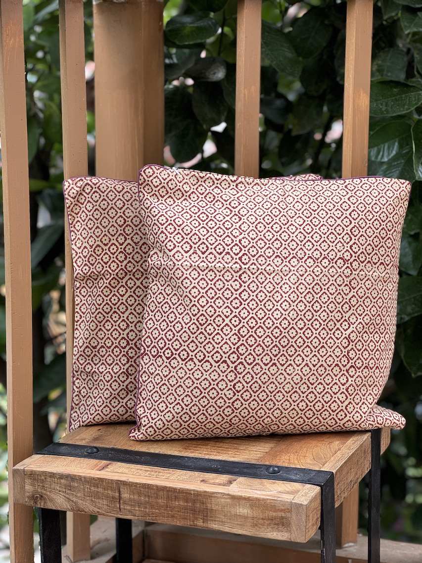 Beige block printed cushion covers - set of 2