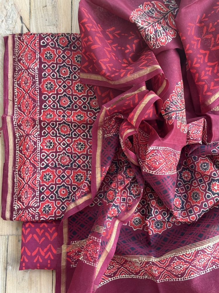 Image of Handblocked chanderi suit 1