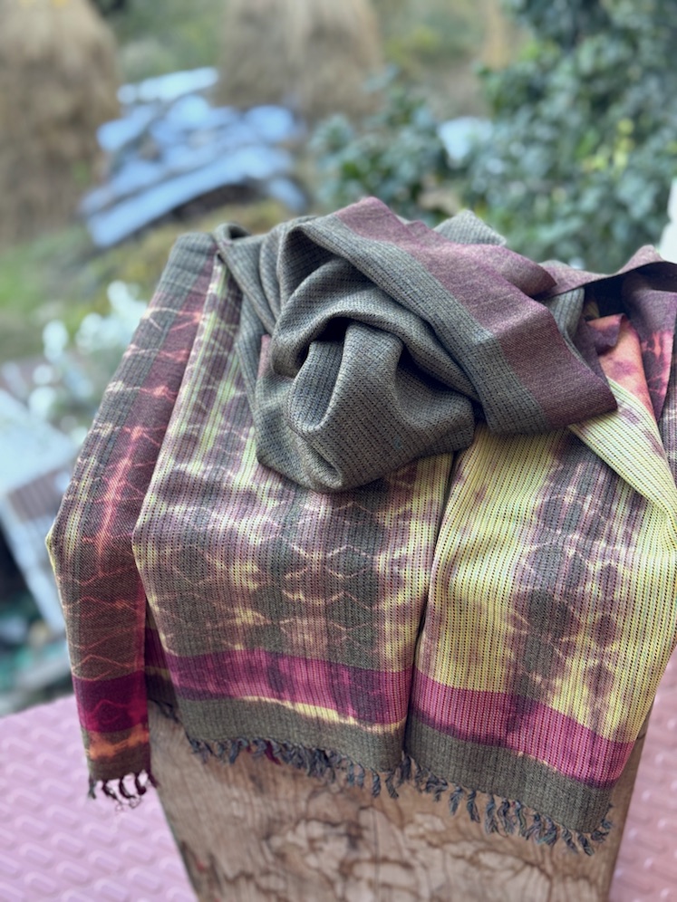 Yellow greenish shibori dyed pure wool stole